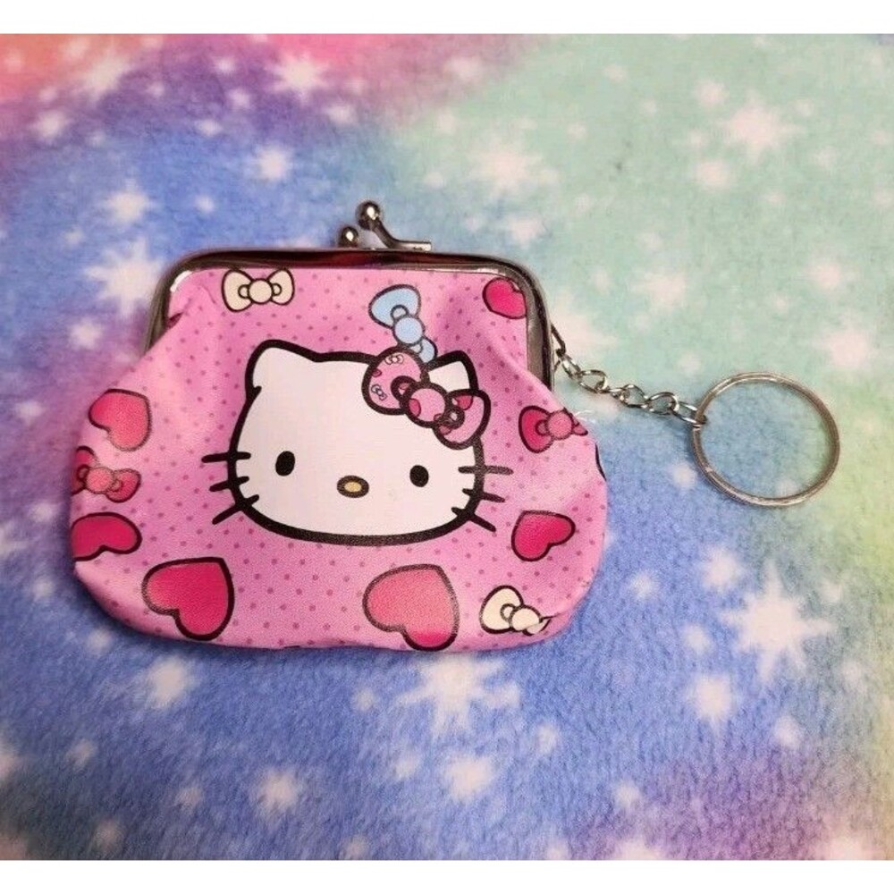 Hello Kitty Heart Bow Coin Snap Purse Keychain Kawaii  Sanrio Travel Gift Wallet